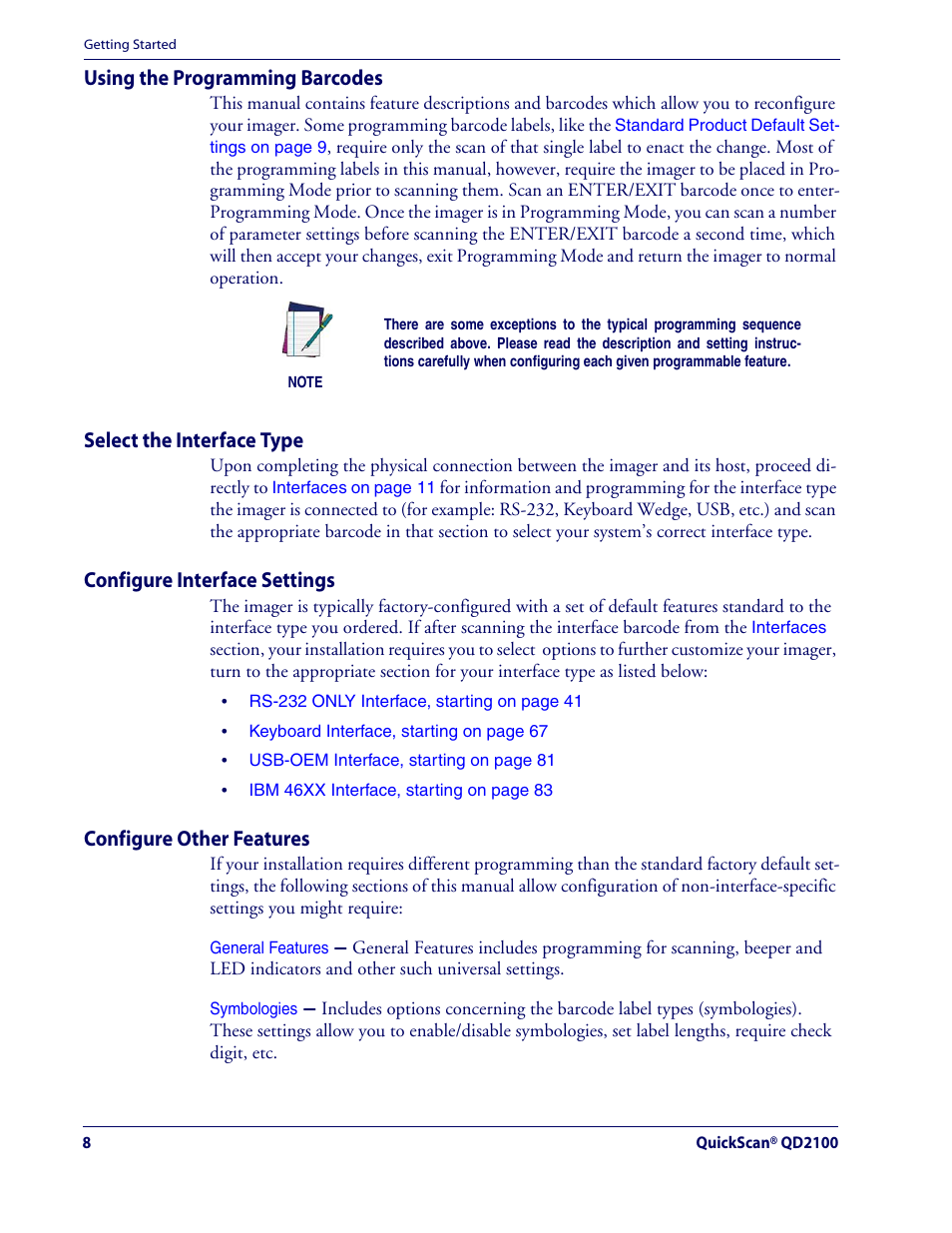 Using the programming barcodes, Select the interface type, Configure interface settings | Configure other features | Datalogic Scanning QUICKSCAN QD2100 User Manual | Page 16 / 320