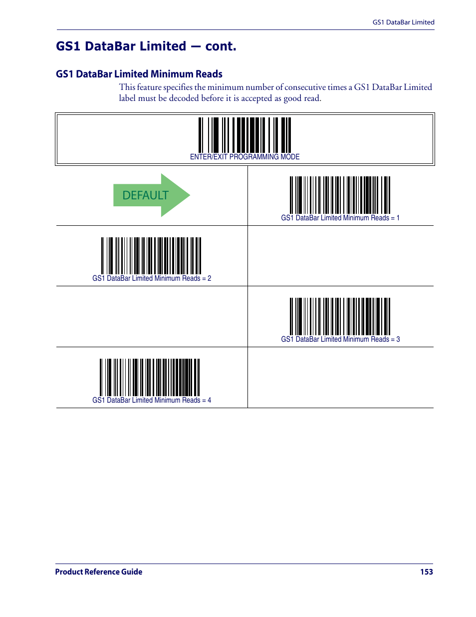 Default, Gs1 databar limited — cont | Datalogic Scanning QUICKSCAN QD2100 User Manual | Page 161 / 320