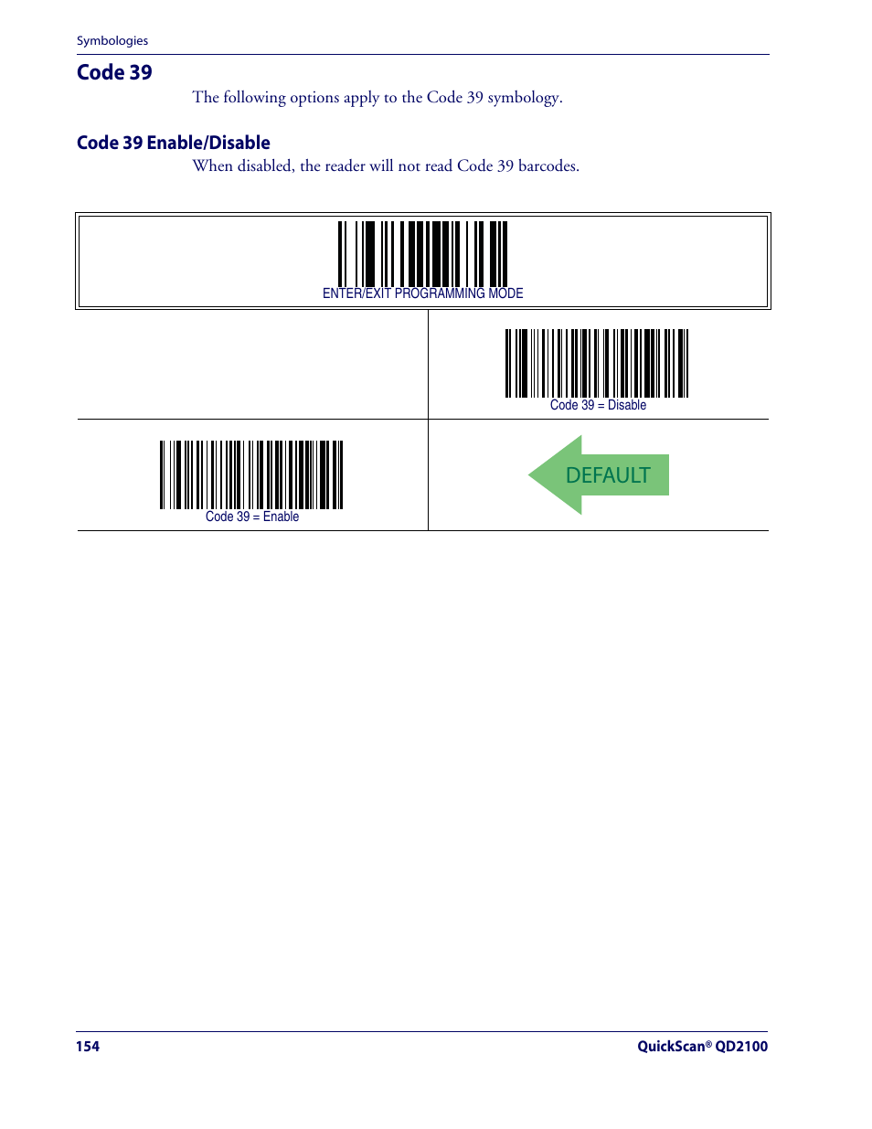 Default, Code 39 | Datalogic Scanning QUICKSCAN QD2100 User Manual | Page 162 / 320
