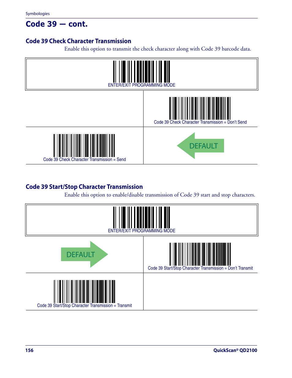 Default, Code 39 — cont | Datalogic Scanning QUICKSCAN QD2100 User Manual | Page 164 / 320