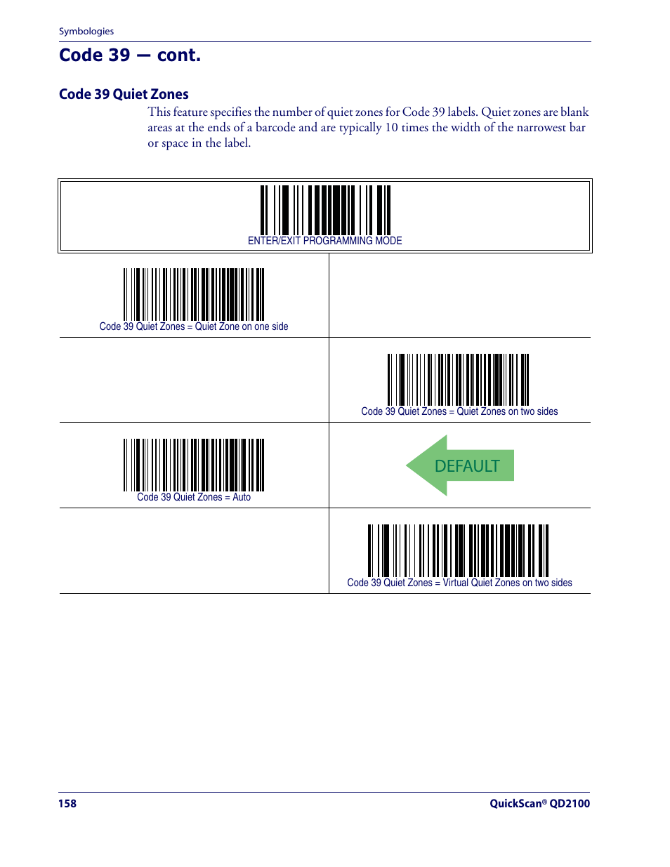 Default, Code 39 — cont | Datalogic Scanning QUICKSCAN QD2100 User Manual | Page 166 / 320