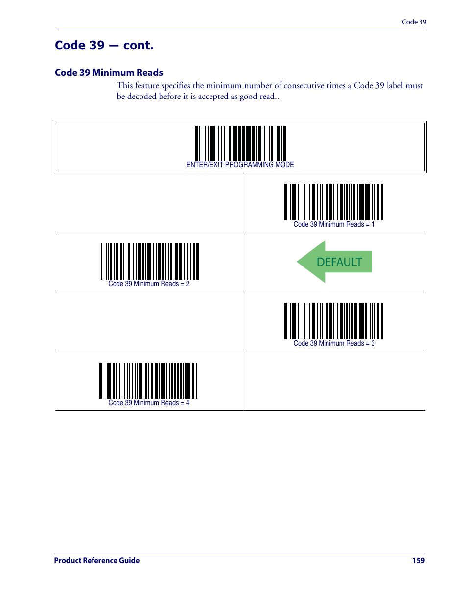 Default, Code 39 — cont, Code 39 minimum reads | Datalogic Scanning QUICKSCAN QD2100 User Manual | Page 167 / 320