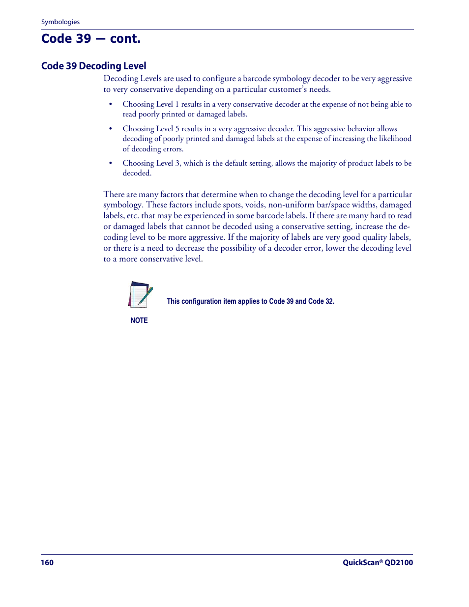 Code 39 — cont, Code 39 decoding level | Datalogic Scanning QUICKSCAN QD2100 User Manual | Page 168 / 320