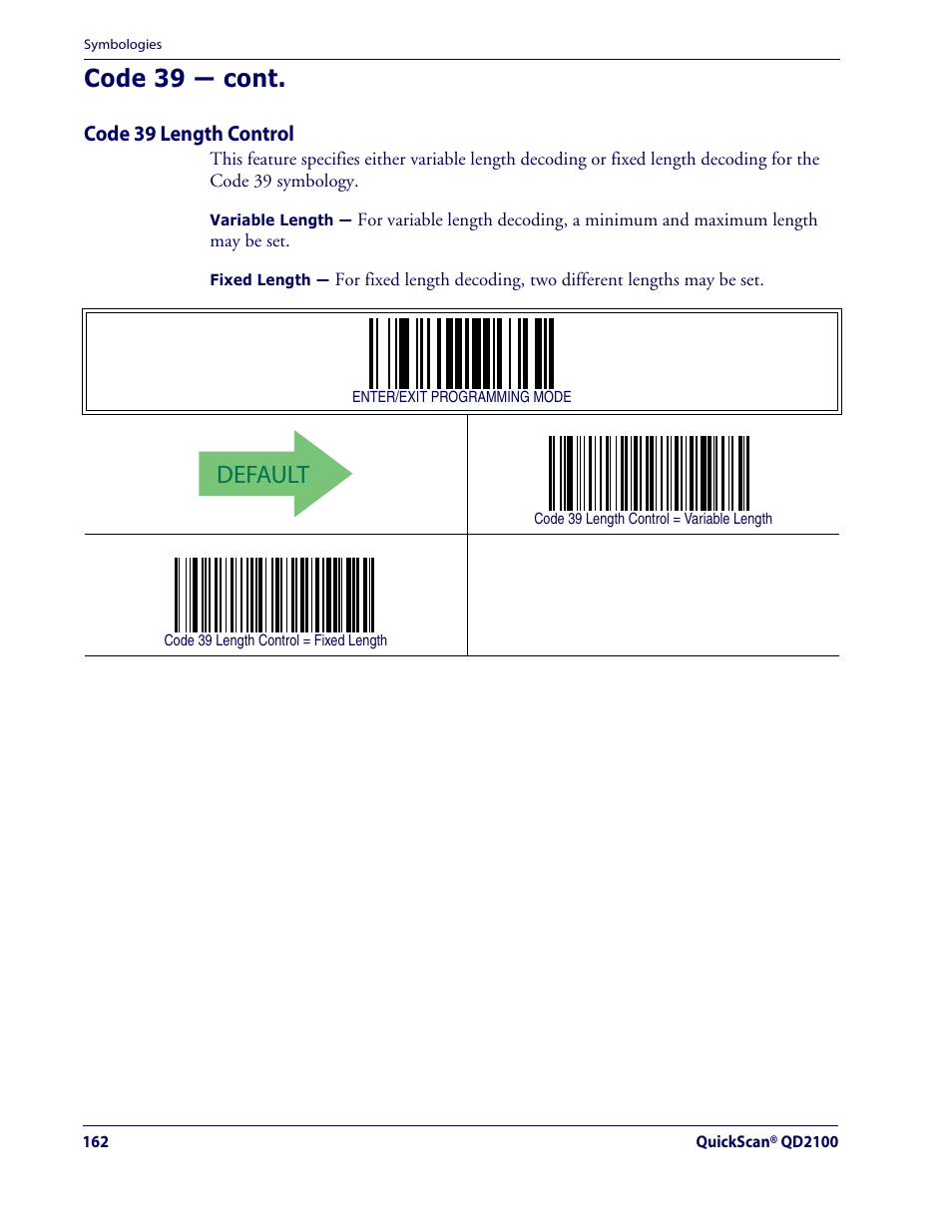 Default, Code 39 — cont | Datalogic Scanning QUICKSCAN QD2100 User Manual | Page 170 / 320