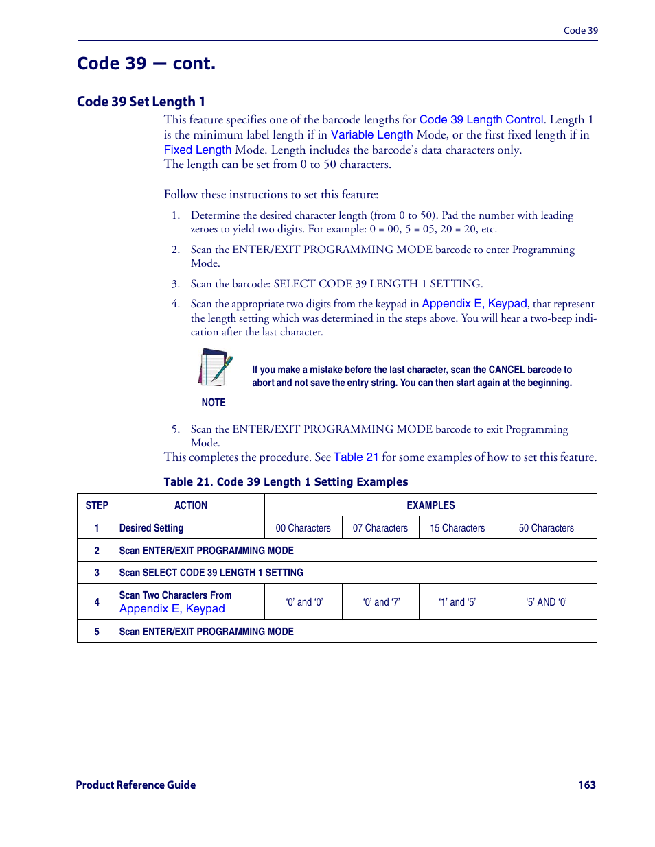 Code 39 — cont, Code 39 set length 1 | Datalogic Scanning QUICKSCAN QD2100 User Manual | Page 171 / 320