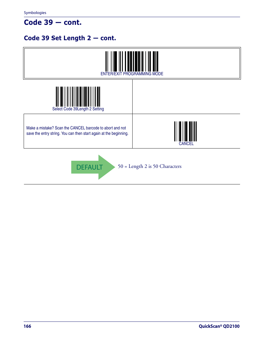 Default, Code 39 — cont | Datalogic Scanning QUICKSCAN QD2100 User Manual | Page 174 / 320