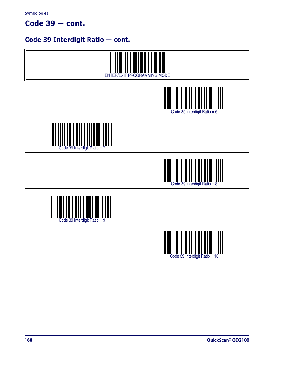 Code 39 — cont, Code 39 interdigit ratio — cont | Datalogic Scanning QUICKSCAN QD2100 User Manual | Page 176 / 320