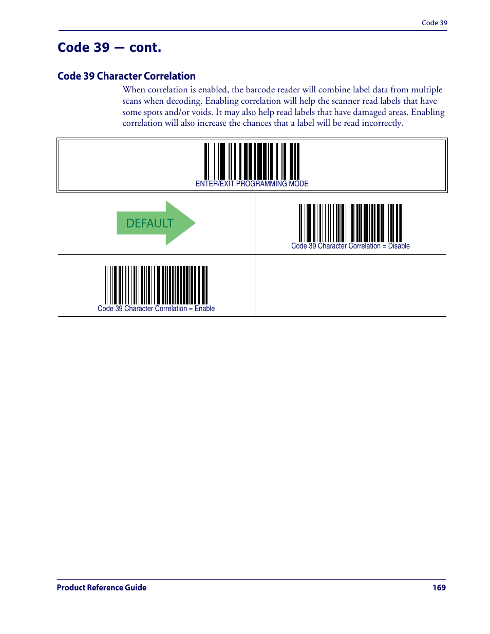 Default, Code 39 — cont | Datalogic Scanning QUICKSCAN QD2100 User Manual | Page 177 / 320