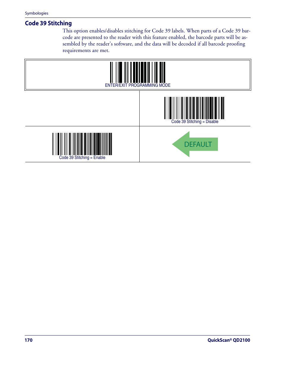Default, Code 39 stitching | Datalogic Scanning QUICKSCAN QD2100 User Manual | Page 178 / 320