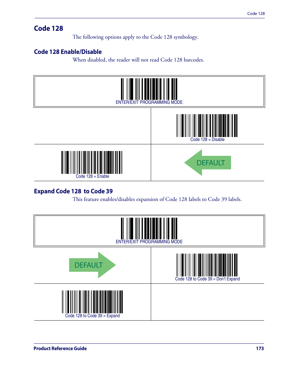 Default, Code 128 | Datalogic Scanning QUICKSCAN QD2100 User Manual | Page 181 / 320