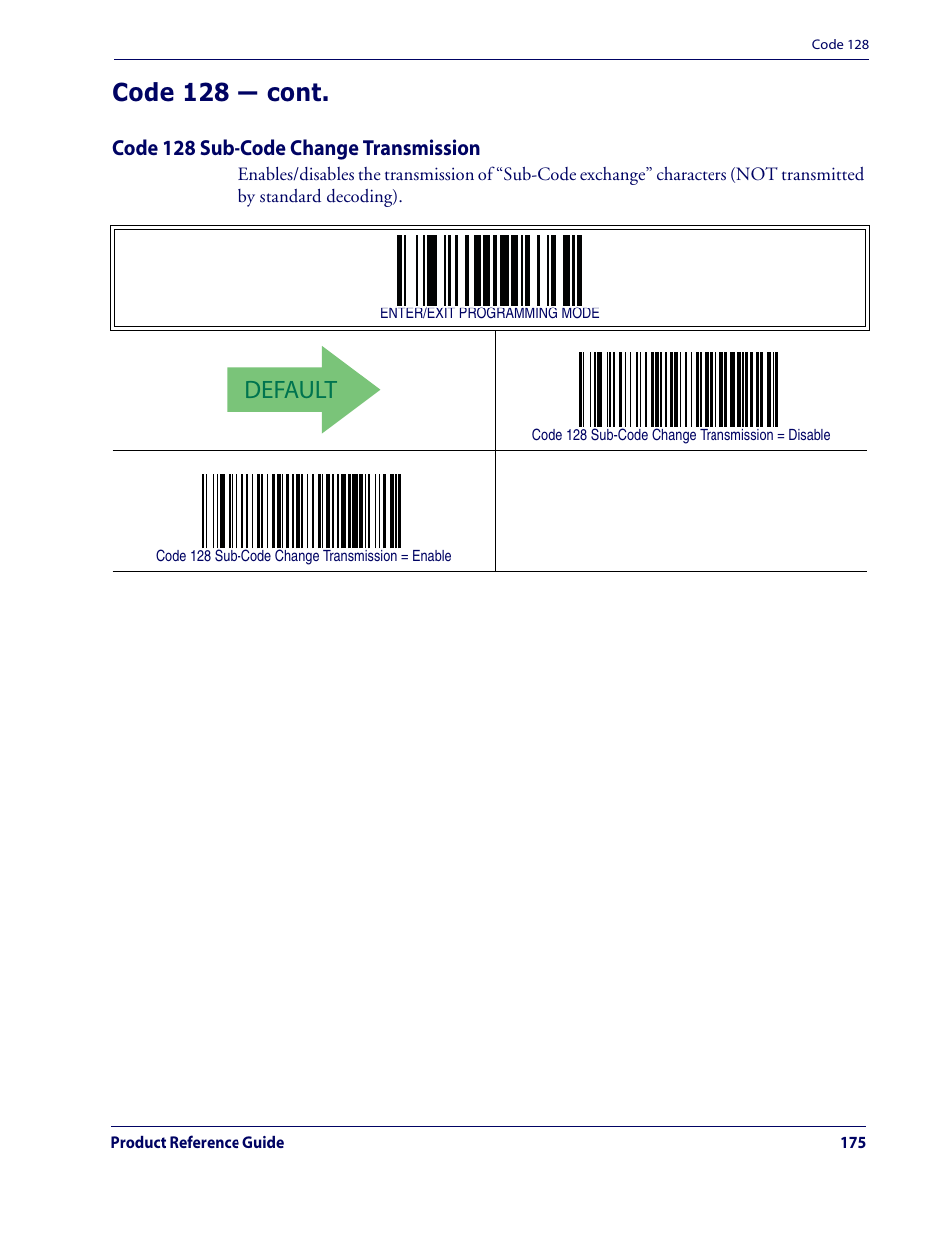 Default, Code 128 — cont | Datalogic Scanning QUICKSCAN QD2100 User Manual | Page 183 / 320