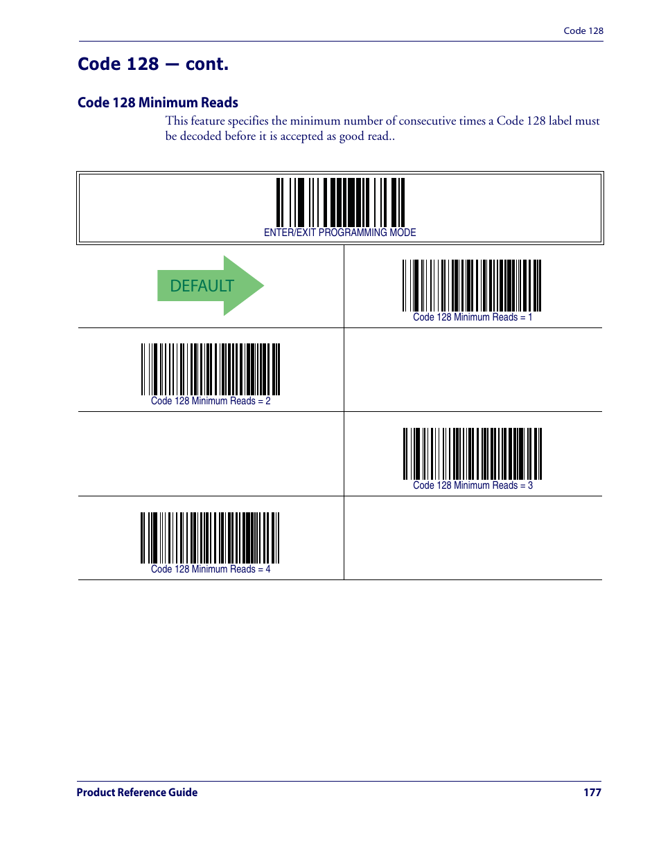 Default, Code 128 — cont, Code 128 minimum reads | Datalogic Scanning QUICKSCAN QD2100 User Manual | Page 185 / 320