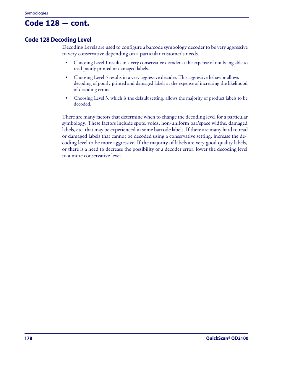 Code 128 — cont | Datalogic Scanning QUICKSCAN QD2100 User Manual | Page 186 / 320