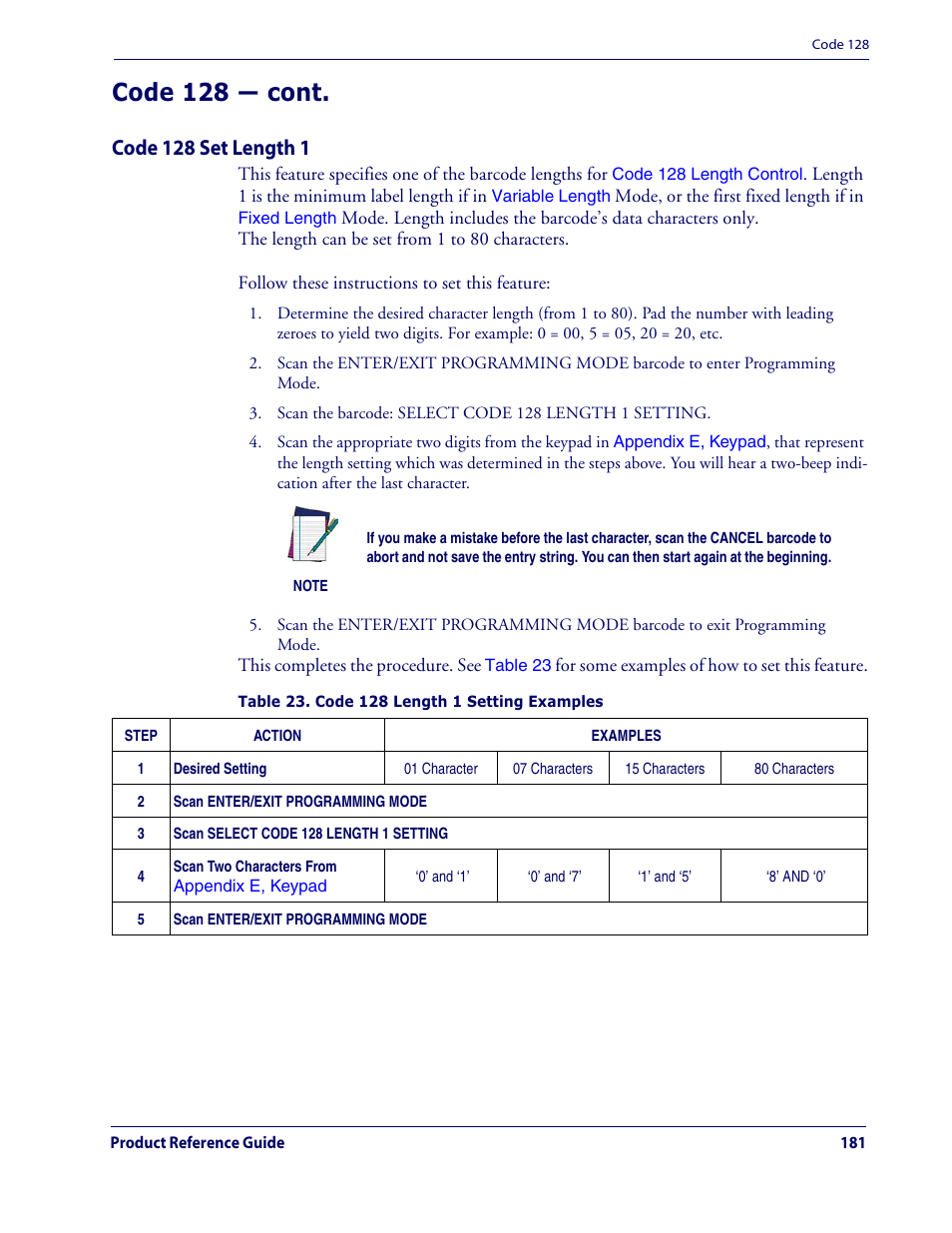 Code 128 — cont, Code 128 set length 1 | Datalogic Scanning QUICKSCAN QD2100 User Manual | Page 189 / 320