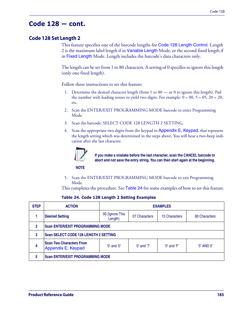 Code 128 — cont, Code 128 set length 2 | Datalogic Scanning QUICKSCAN QD2100 User Manual | Page 191 / 320