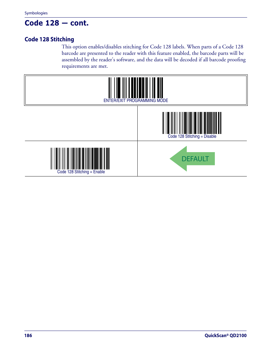 Default, Code 128 — cont | Datalogic Scanning QUICKSCAN QD2100 User Manual | Page 194 / 320