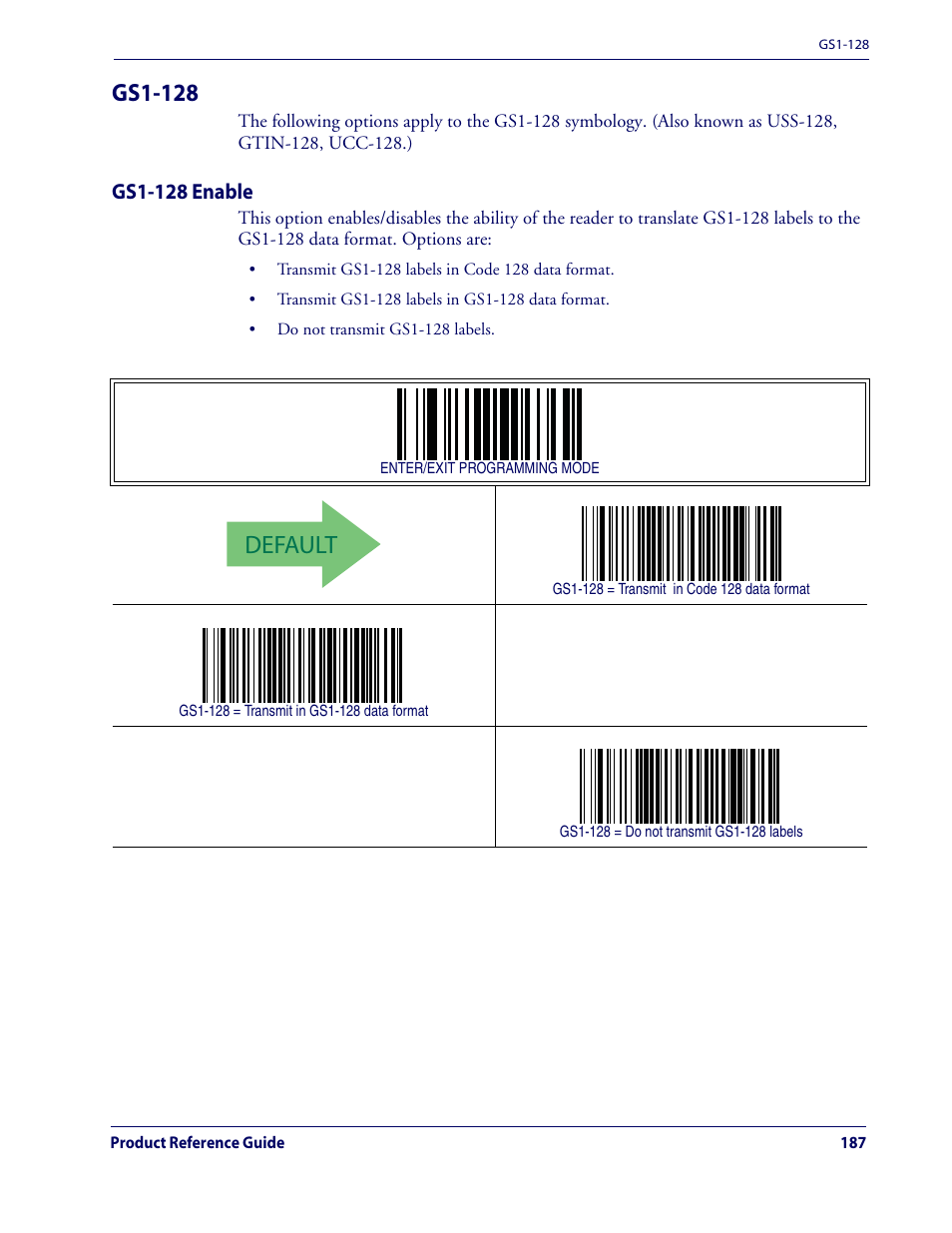 Default, Gs1-128, Gs1-128 enable | Datalogic Scanning QUICKSCAN QD2100 User Manual | Page 195 / 320