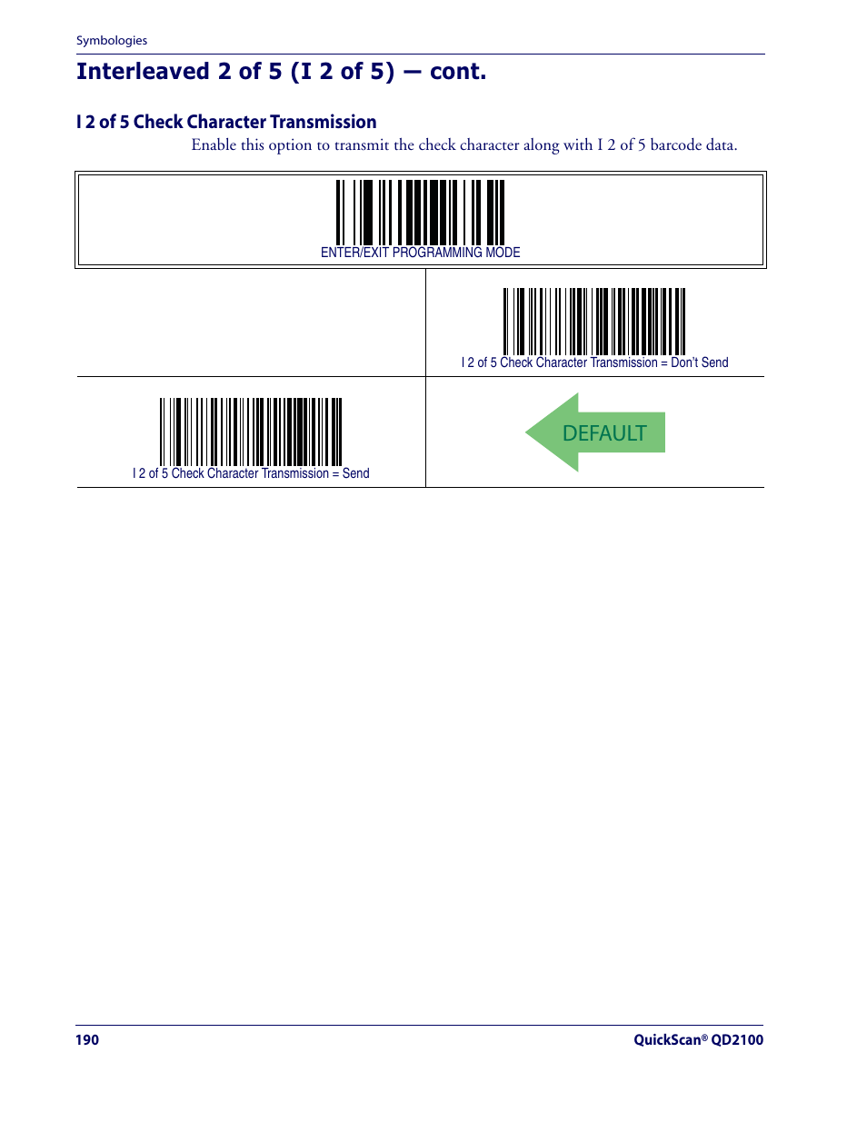 Default, Interleaved 2 of 5 (i 2 of 5) — cont | Datalogic Scanning QUICKSCAN QD2100 User Manual | Page 198 / 320