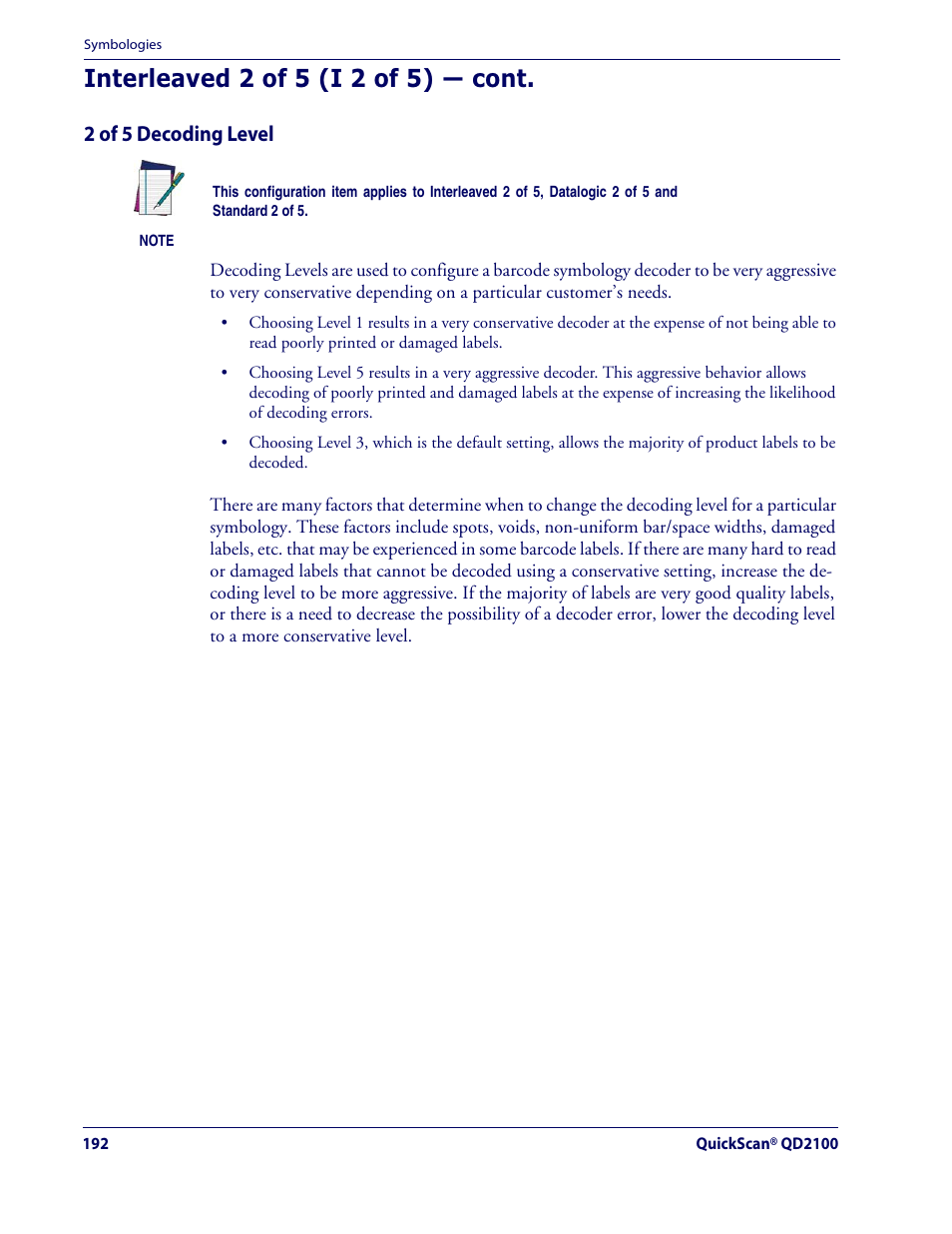 Interleaved 2 of 5 (i 2 of 5) — cont, 2 of 5 decoding level | Datalogic Scanning QUICKSCAN QD2100 User Manual | Page 200 / 320