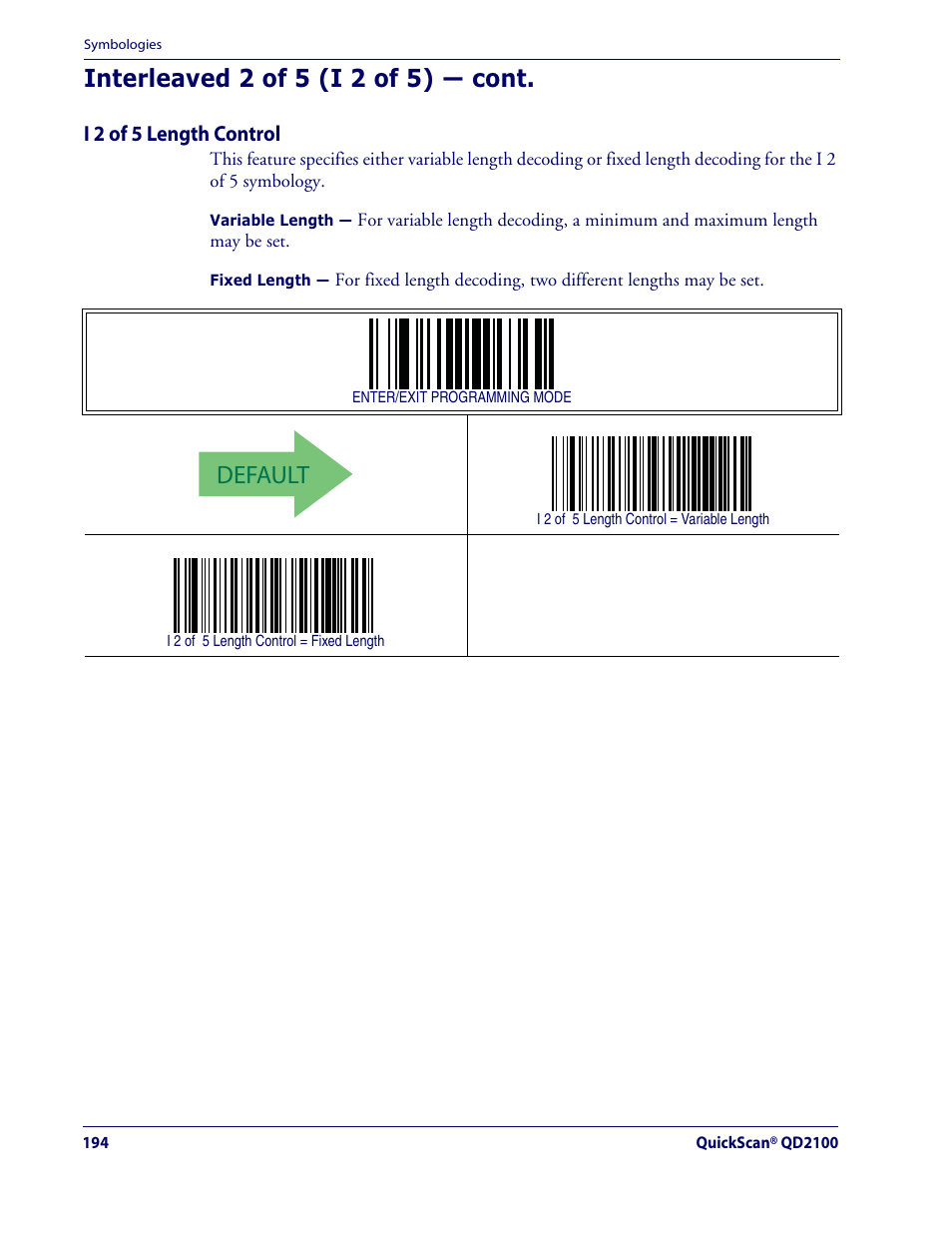 Default, Interleaved 2 of 5 (i 2 of 5) — cont | Datalogic Scanning QUICKSCAN QD2100 User Manual | Page 202 / 320