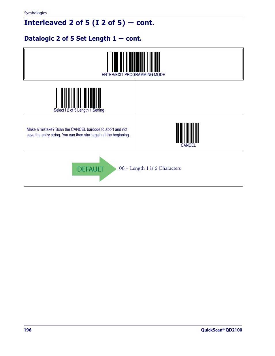 Default, Interleaved 2 of 5 (i 2 of 5) — cont | Datalogic Scanning QUICKSCAN QD2100 User Manual | Page 204 / 320