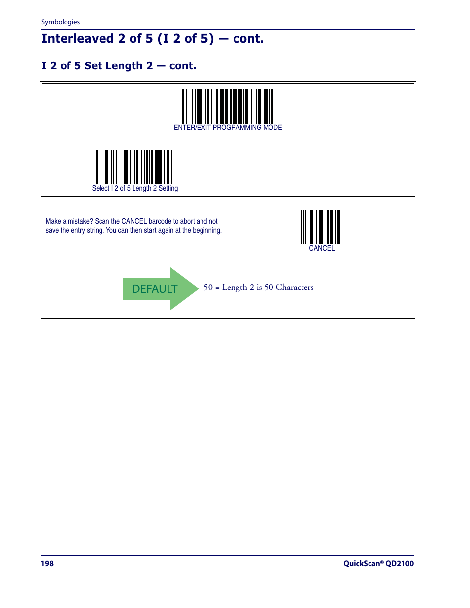 Default, Interleaved 2 of 5 (i 2 of 5) — cont | Datalogic Scanning QUICKSCAN QD2100 User Manual | Page 206 / 320