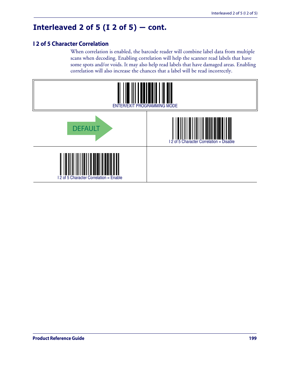 Default, Interleaved 2 of 5 (i 2 of 5) — cont | Datalogic Scanning QUICKSCAN QD2100 User Manual | Page 207 / 320