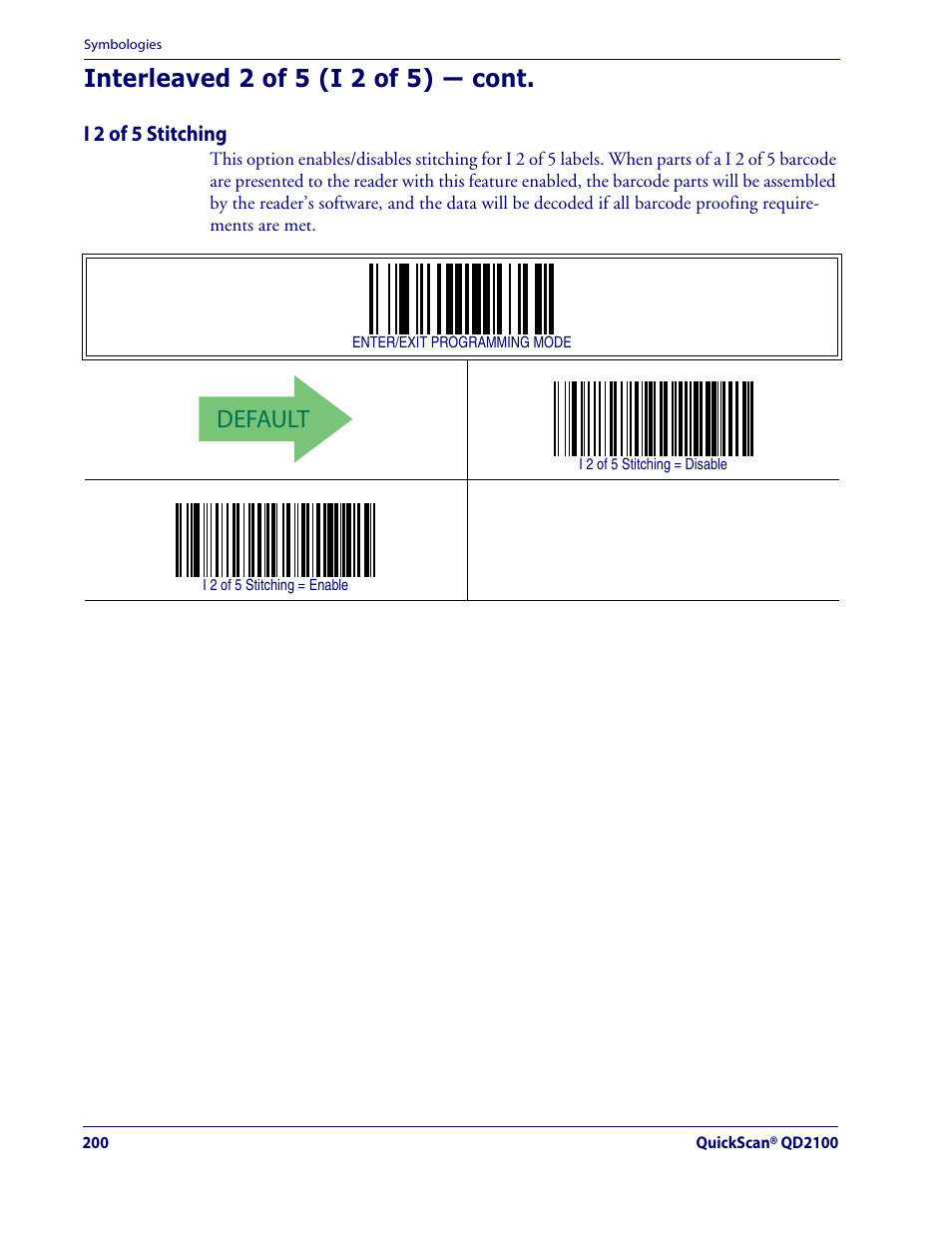 Default, Interleaved 2 of 5 (i 2 of 5) — cont | Datalogic Scanning QUICKSCAN QD2100 User Manual | Page 208 / 320