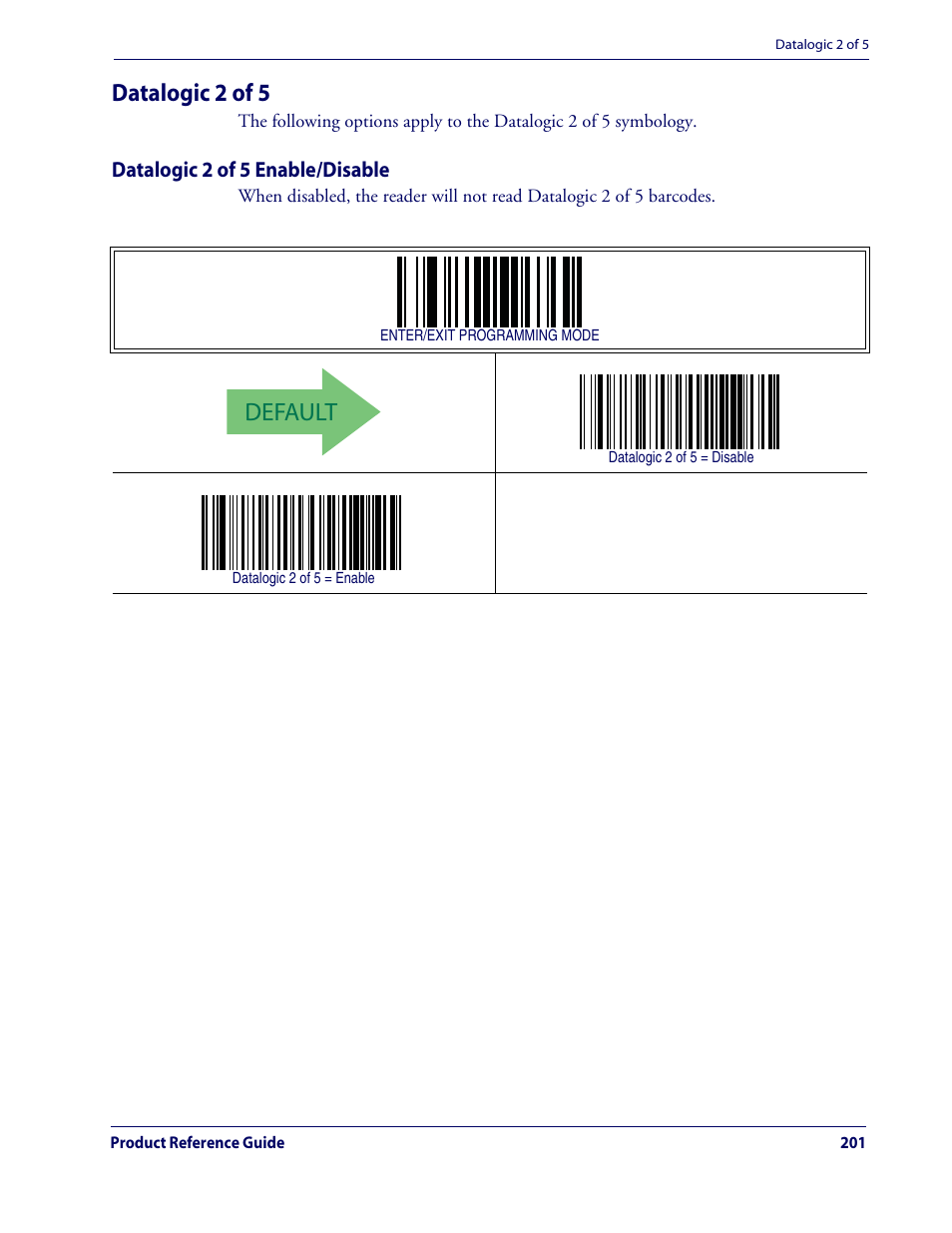 Default, Datalogic 2 of 5 | Datalogic Scanning QUICKSCAN QD2100 User Manual | Page 209 / 320