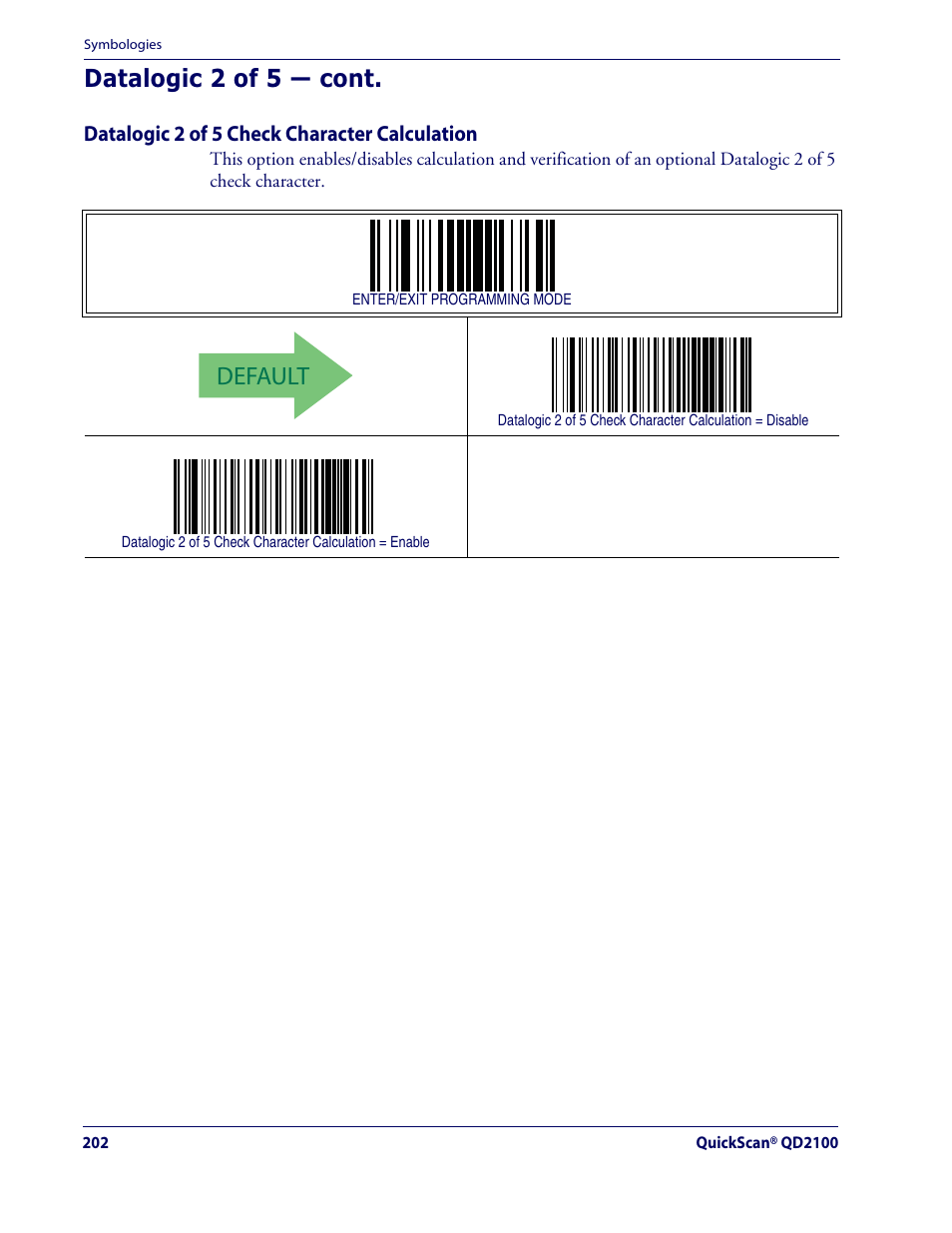 Default, Datalogic 2 of 5 — cont | Datalogic Scanning QUICKSCAN QD2100 User Manual | Page 210 / 320