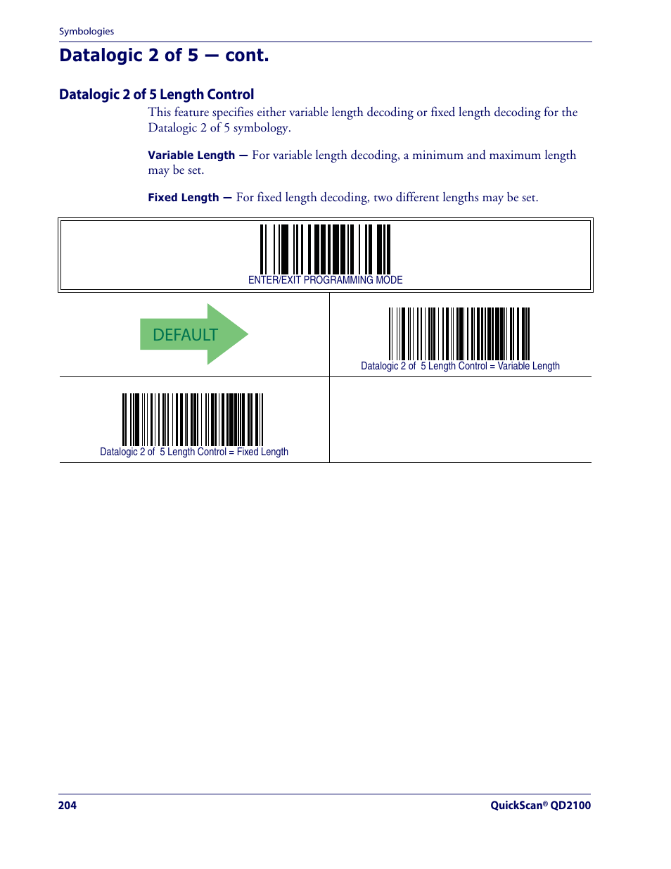 Default, Datalogic 2 of 5 — cont | Datalogic Scanning QUICKSCAN QD2100 User Manual | Page 212 / 320