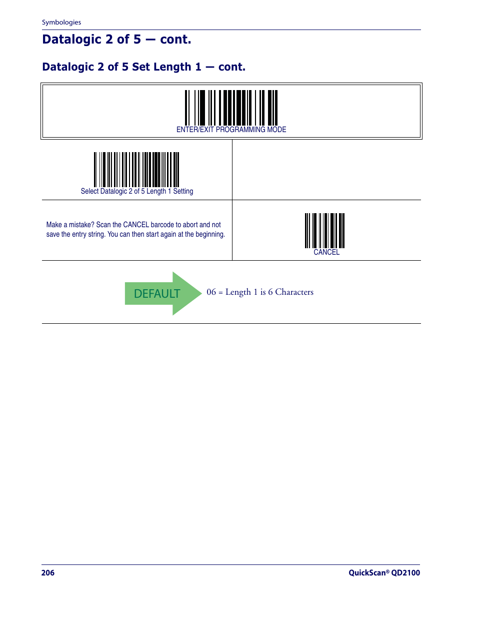 Default, Datalogic 2 of 5 — cont | Datalogic Scanning QUICKSCAN QD2100 User Manual | Page 214 / 320