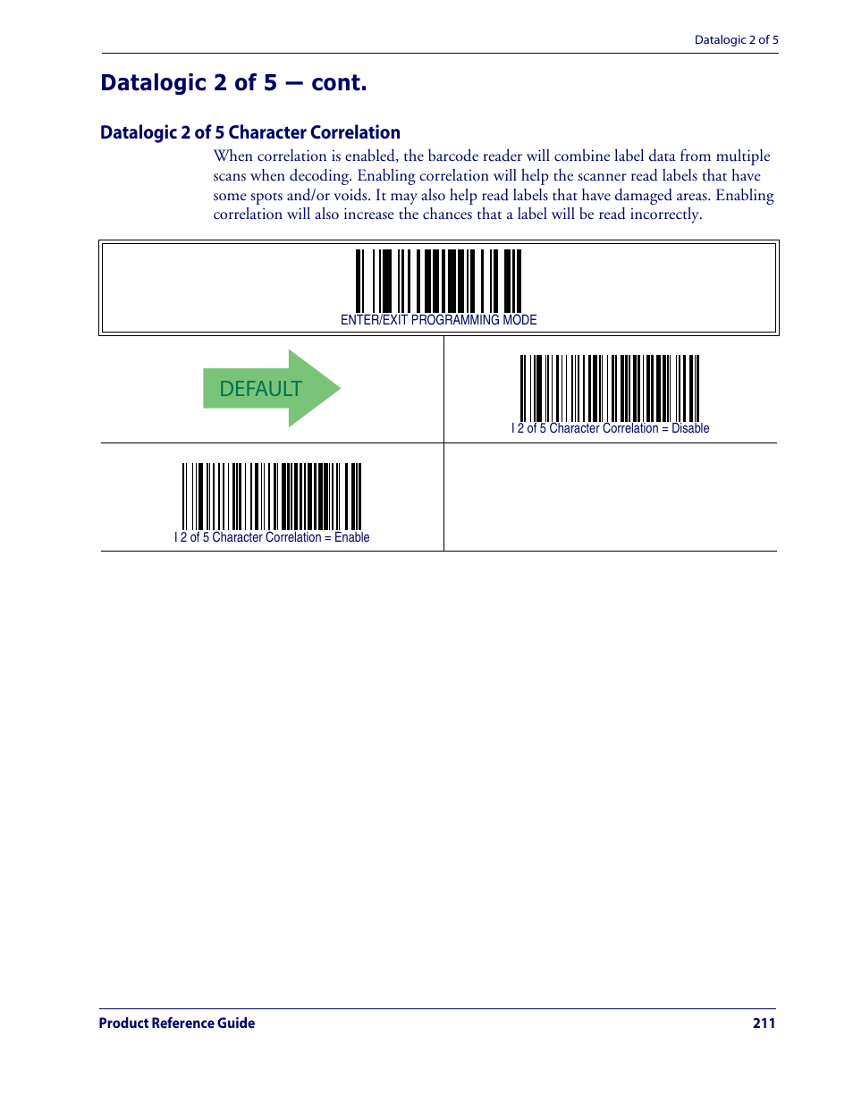 Default, Datalogic 2 of 5 — cont | Datalogic Scanning QUICKSCAN QD2100 User Manual | Page 219 / 320