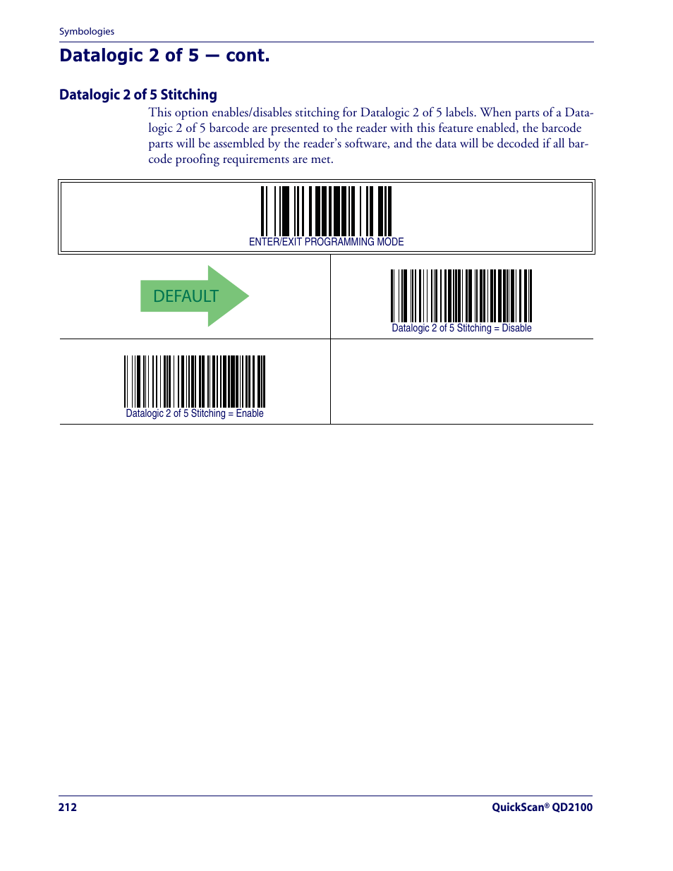 Default, Datalogic 2 of 5 — cont | Datalogic Scanning QUICKSCAN QD2100 User Manual | Page 220 / 320