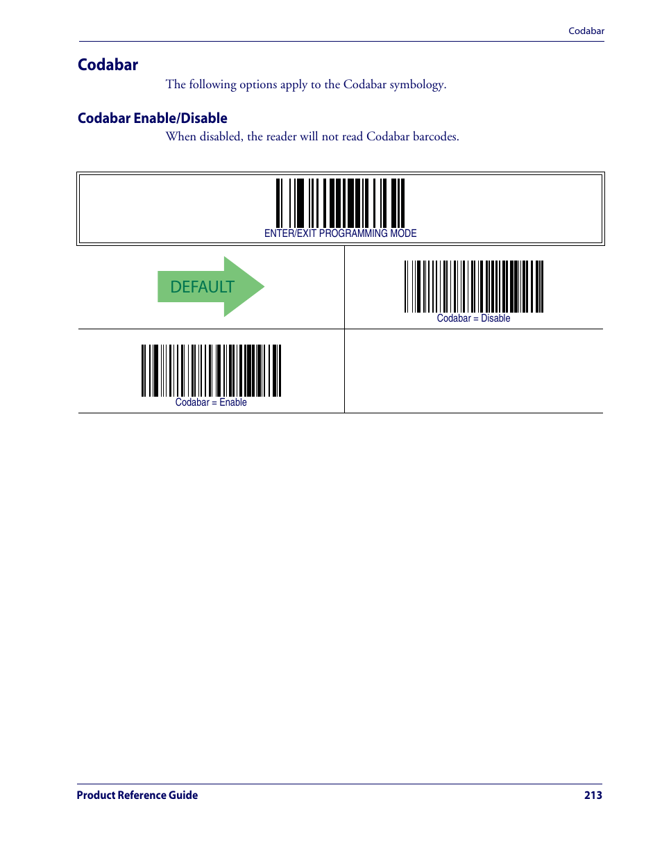 Default, Codabar | Datalogic Scanning QUICKSCAN QD2100 User Manual | Page 221 / 320