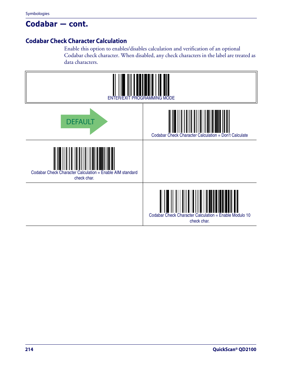 Default, Codabar — cont, Codabar check character calculation | Datalogic Scanning QUICKSCAN QD2100 User Manual | Page 222 / 320