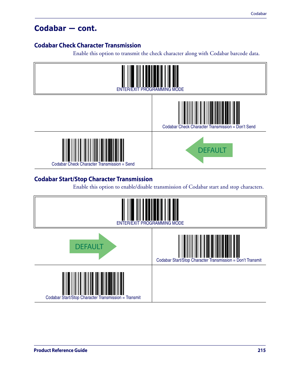 Default, Codabar — cont | Datalogic Scanning QUICKSCAN QD2100 User Manual | Page 223 / 320