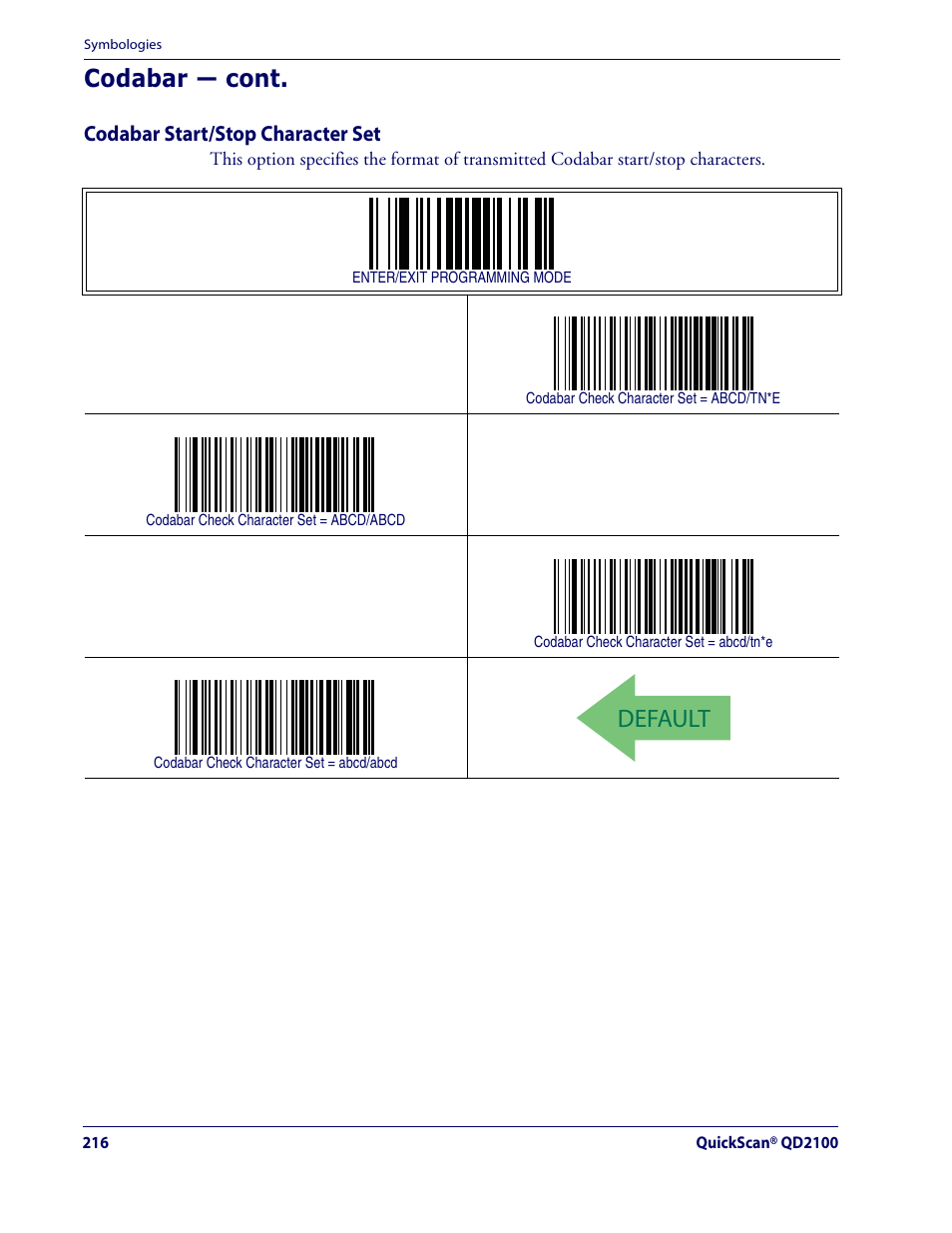 Default, Codabar — cont | Datalogic Scanning QUICKSCAN QD2100 User Manual | Page 224 / 320