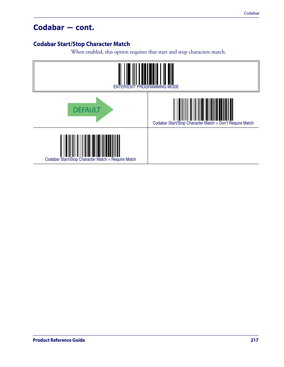 Default, Codabar — cont | Datalogic Scanning QUICKSCAN QD2100 User Manual | Page 225 / 320