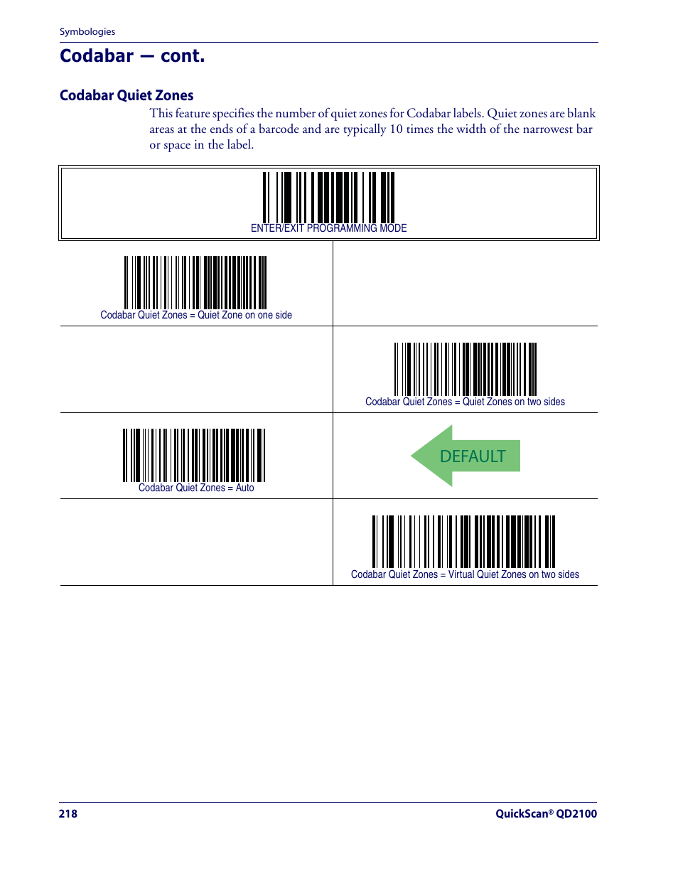 Default, Codabar — cont | Datalogic Scanning QUICKSCAN QD2100 User Manual | Page 226 / 320