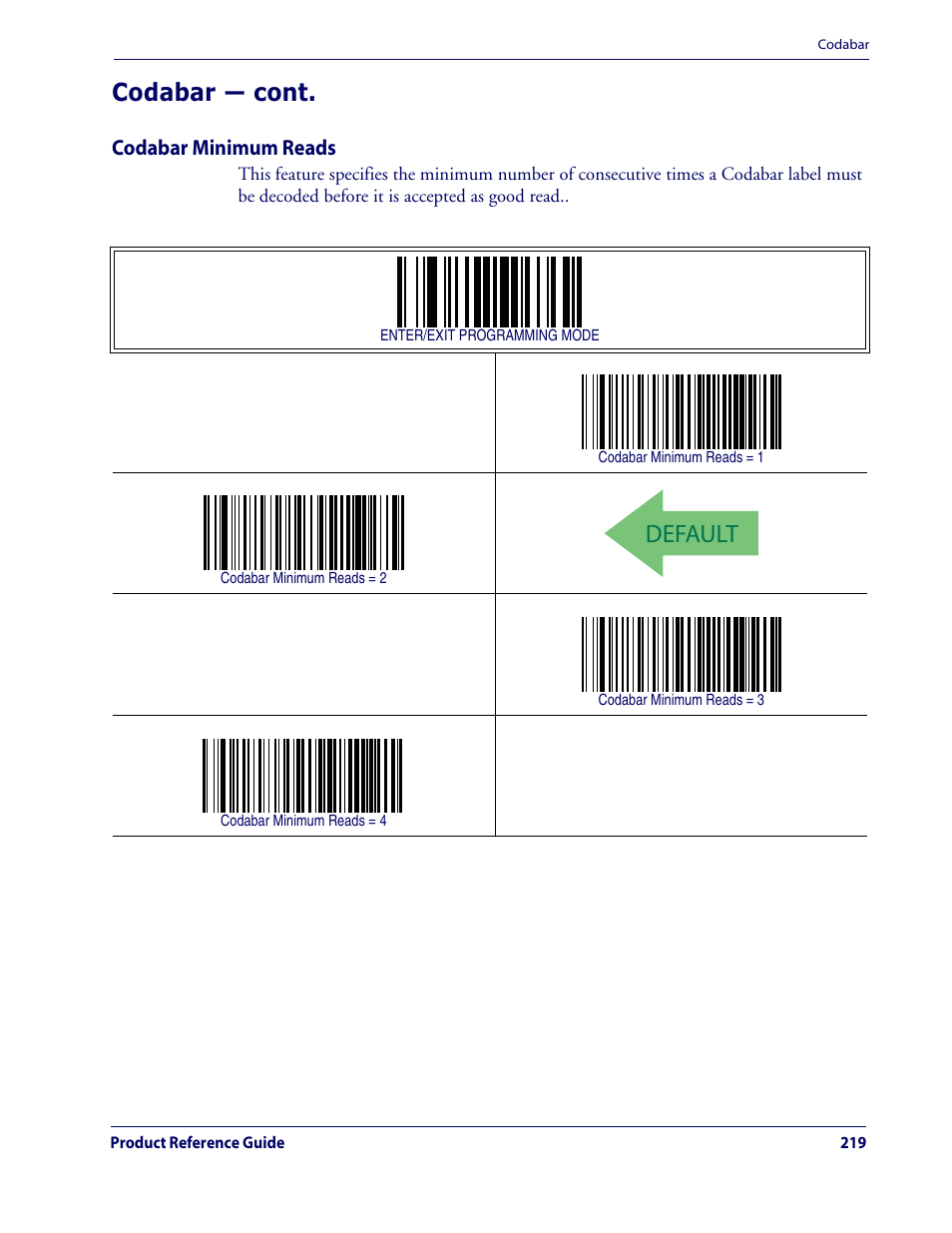 Default, Codabar — cont, Codabar minimum reads | Datalogic Scanning QUICKSCAN QD2100 User Manual | Page 227 / 320