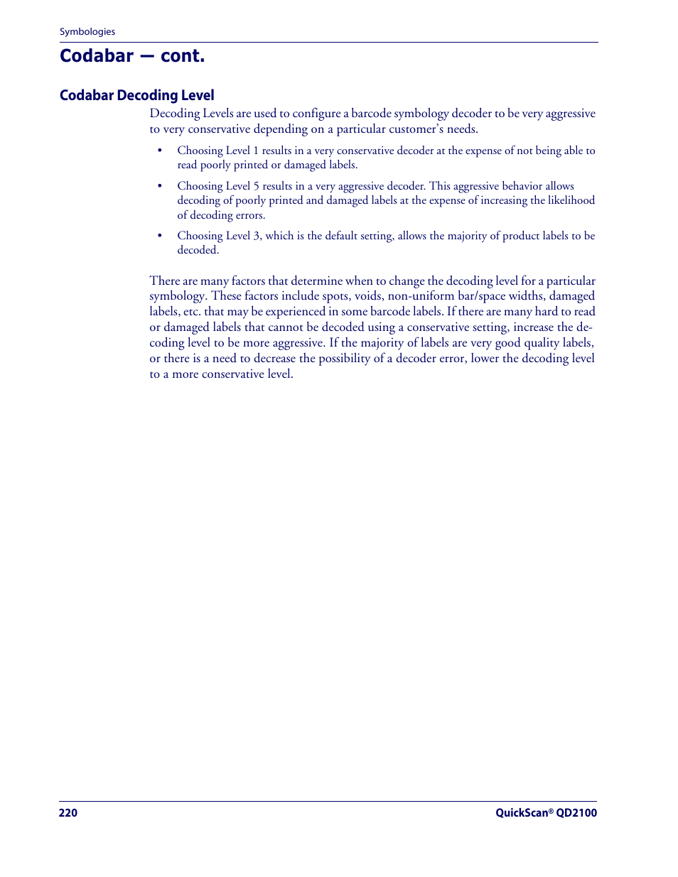 Codabar — cont | Datalogic Scanning QUICKSCAN QD2100 User Manual | Page 228 / 320