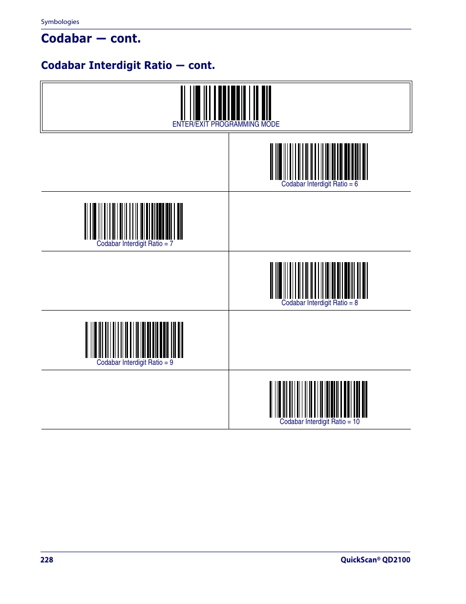 Codabar — cont, Codabar interdigit ratio — cont | Datalogic Scanning QUICKSCAN QD2100 User Manual | Page 236 / 320