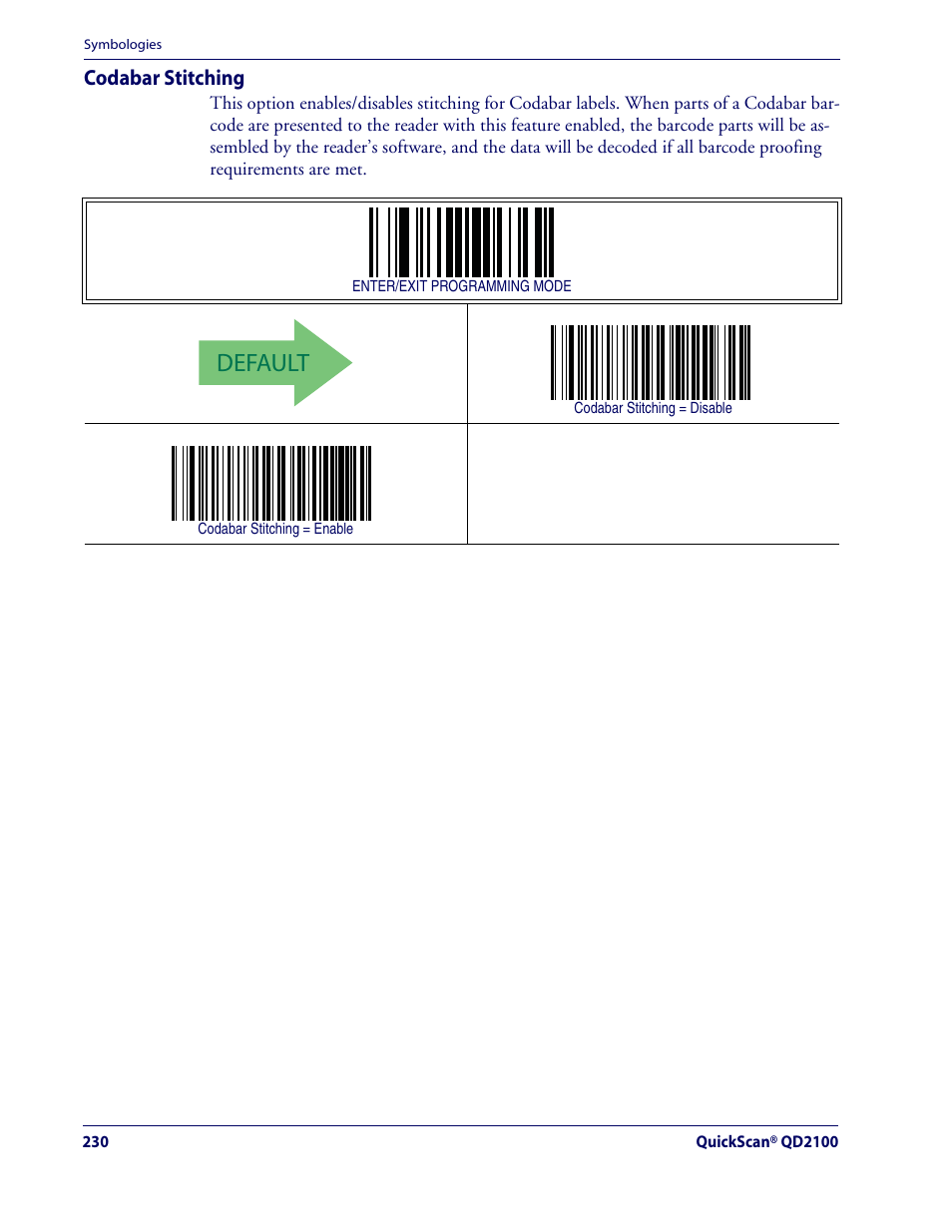 Default, Codabar stitching | Datalogic Scanning QUICKSCAN QD2100 User Manual | Page 238 / 320