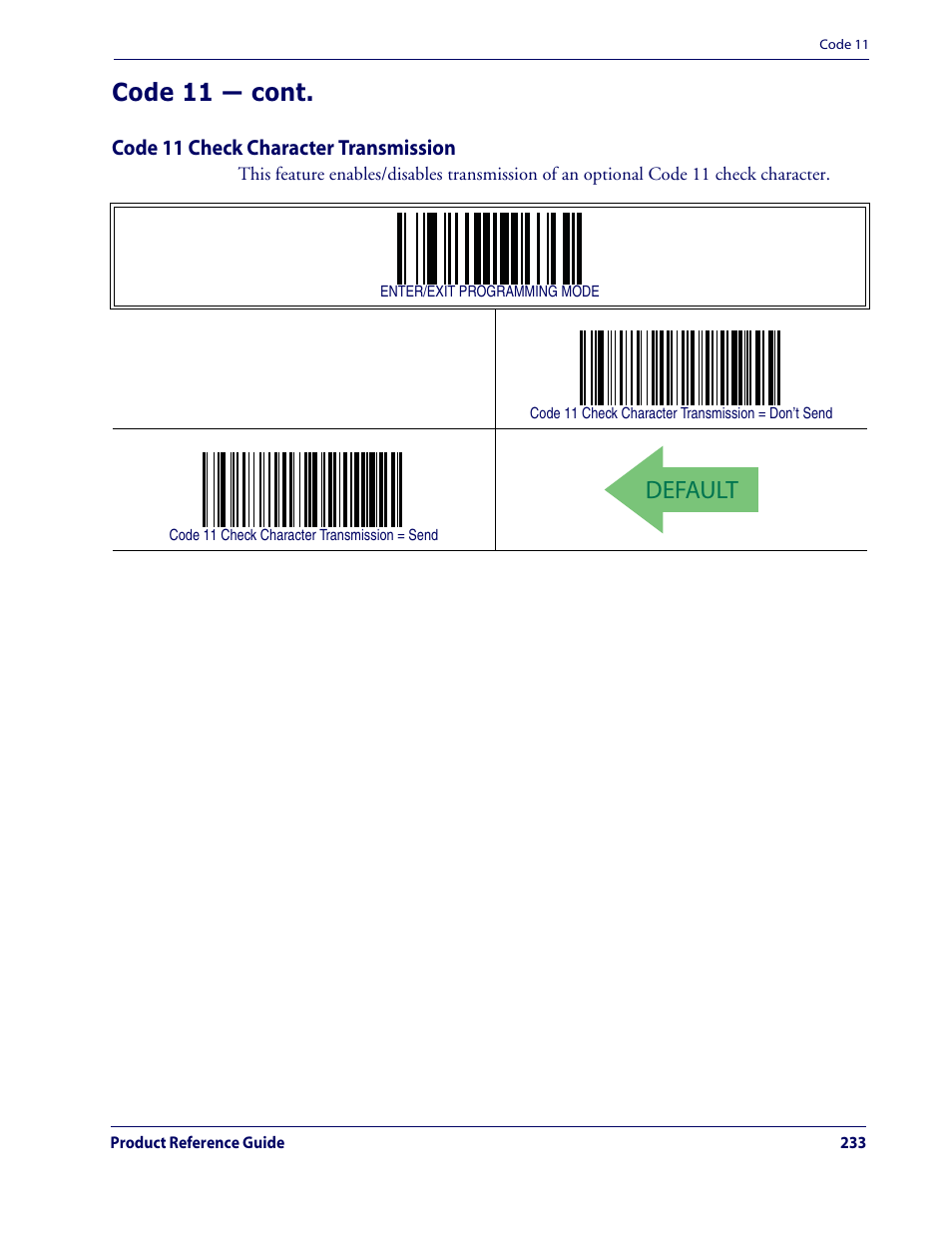 Default, Code 11 — cont | Datalogic Scanning QUICKSCAN QD2100 User Manual | Page 241 / 320