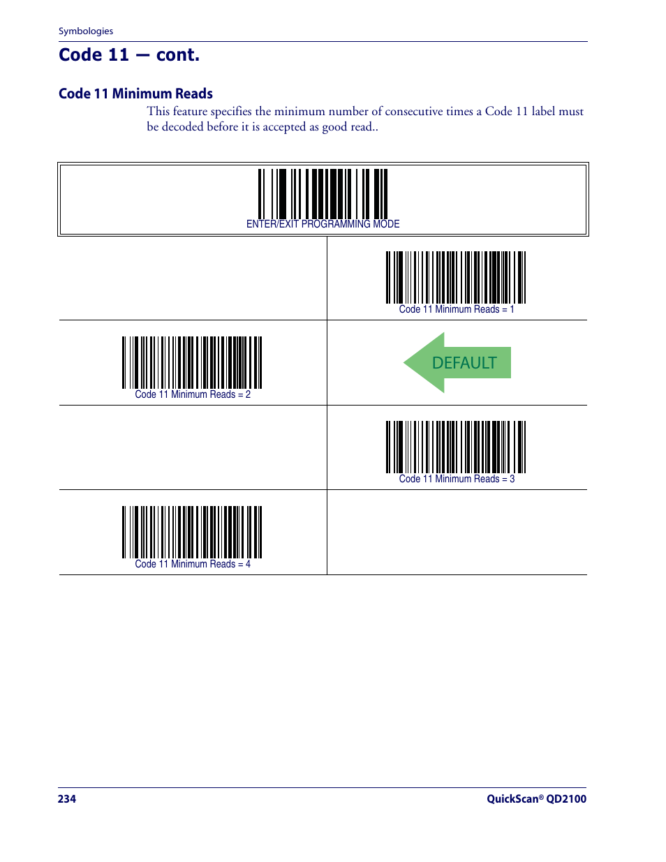 Default, Code 11 — cont | Datalogic Scanning QUICKSCAN QD2100 User Manual | Page 242 / 320