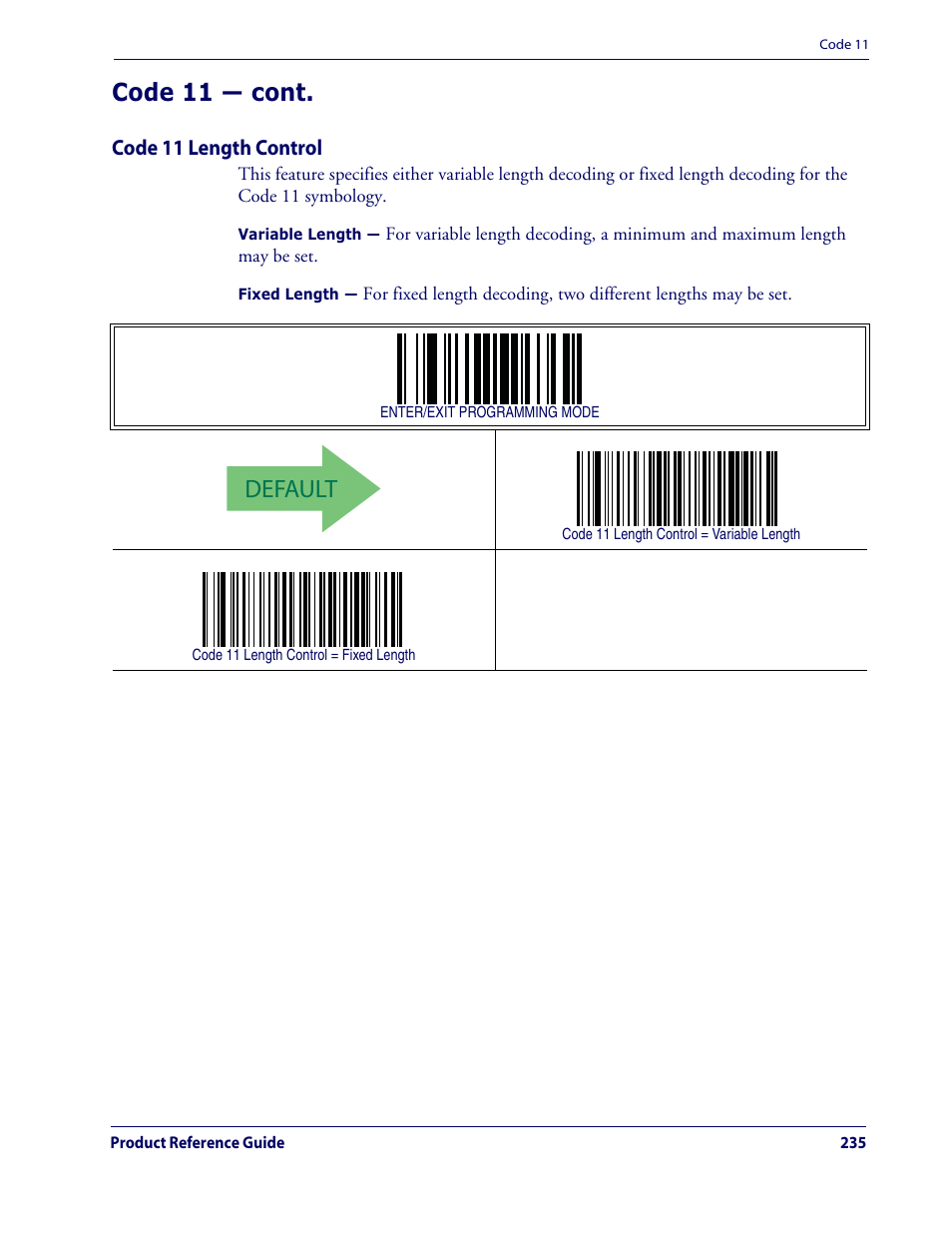 Default, Code 11 — cont | Datalogic Scanning QUICKSCAN QD2100 User Manual | Page 243 / 320