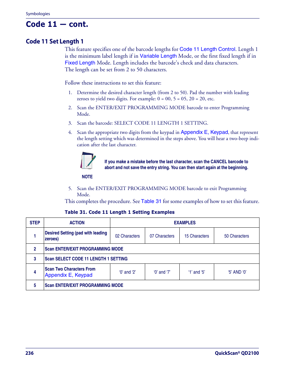 Code 11 — cont, Code 11 set length 1 | Datalogic Scanning QUICKSCAN QD2100 User Manual | Page 244 / 320