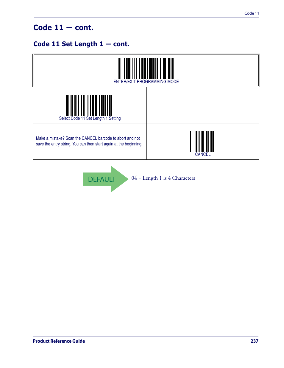 Default, Code 11 — cont | Datalogic Scanning QUICKSCAN QD2100 User Manual | Page 245 / 320