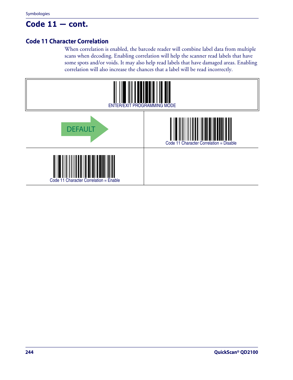 Default, Code 11 — cont | Datalogic Scanning QUICKSCAN QD2100 User Manual | Page 252 / 320